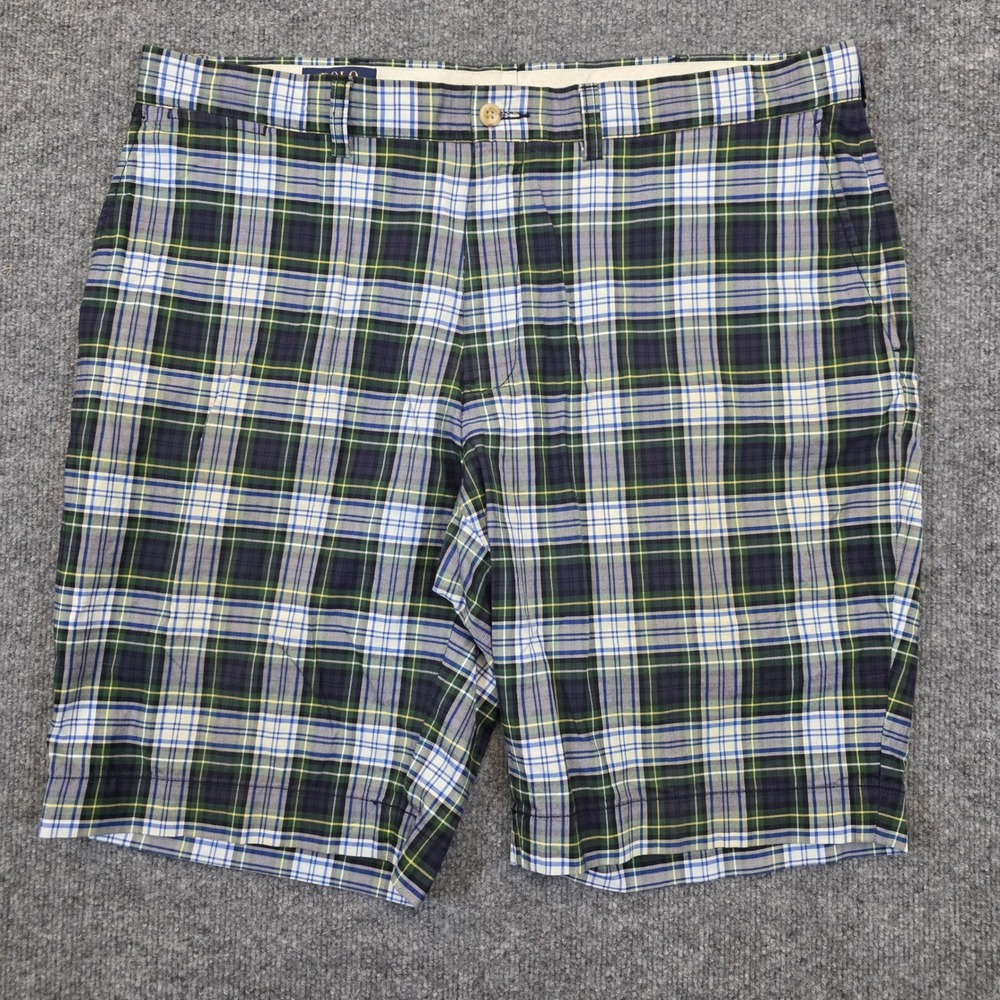 Polo Ralph Lauren Shorts Mens 38 Green Blue White Plaid Tartan Cotton Casual